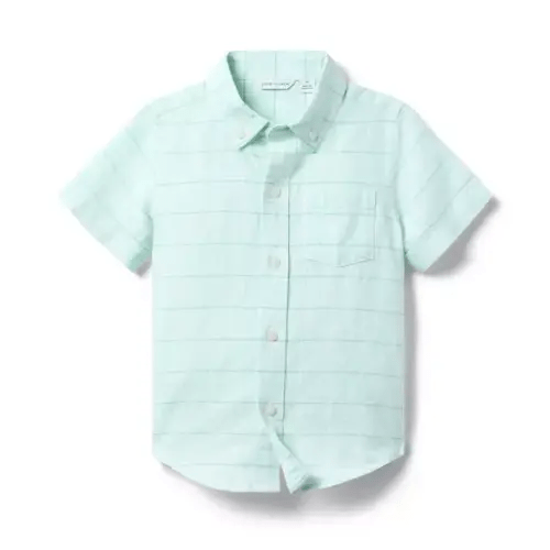Boy Minty Blue Plaid Plaid Linen-Cotton Shirt by Janie and Jack