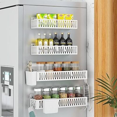 4 Pack Magnetic Spice Rack for Refrigerator, Moveable Magnetic Shelf Fridge Organizer with 4 Hooks and 2 Hanging Cups for Kitchen Organization, White
