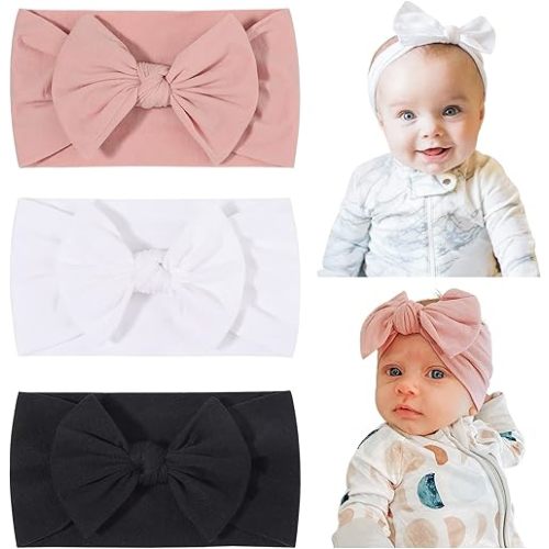 jollybows 3PCS Baby Nylon Headbands Hairbands Hair Bow Elastics for Baby Girls Newborn Infant Toddlers Kids - Black White Pink