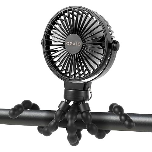Portable Stroller Fan,With Flexible Tripod and 3 Speeds Clip On Car Seat Fan Mini Small Personal Handheld Battery Powered USB Fan, for Pram Crib Bike Treadmill Camping and Student Bed Desk (Black - 1)