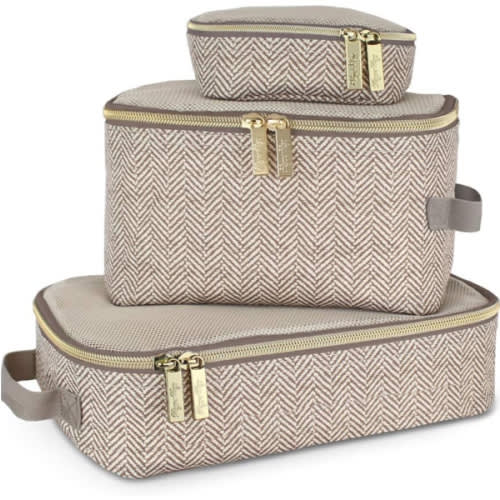 Itzy Ritzy Packing Cubes for Travel – Set of 3 Packing Cubes or Travel Organizers; Each Travel Cube Features a Mesh Top, Double Zippers and a Fabric Handle (Taupe)