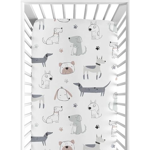 Sweet Jojo Designs Dog Boy Baby Fitted Crib Sheet Infant Newborn Nursery Toddler Bed Room Standard Mattress Neutral Grey Taupe Blue Modern Puppy Pet Watercolor Puppies Bulldog Wiener Doggy Paw Print
