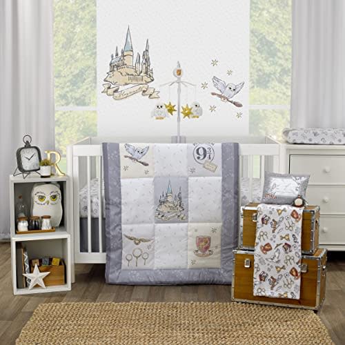 Warner Brothers Harry Potter Magical Moments Grey and White Hogwarts 3 Piece Nursery Crib Bedding Set - Comforter, Fitted Crib Sheet and Crib Skirt