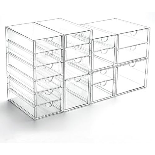 Prsildan Acrylic Drawer Organizer with 17 Drawers, Craft Office Desk Makeup Organizers Accessories, Set of 4 Clear Stackable Storage Drawers for Vanity, Countertop, Jewelry, Art Supply Organization