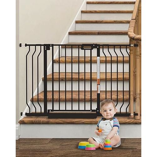 Mom's Choice-GROWNSY Baby Gate for Stairs, 29.5"-48.4" Pressure Mounted Baby Gate for Top of Stair&Doorway with Y-Spindle Rods, Anti-Trip Pedal, Wide Stairs Dog Gate Easy Install w/Red Reminder,Black