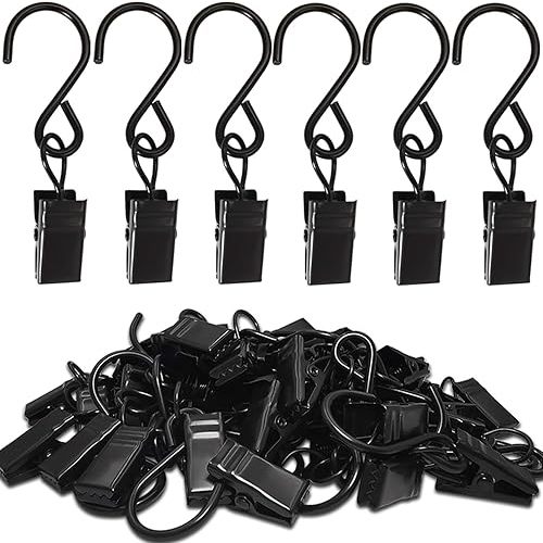 Stainless Steel S Hooks Curtain Clips, 50 Pack Hanging Party Lights Clips Hangers Gutter Photo, Art Craft Display, 2.4 Inch Long, Black