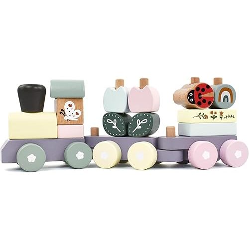 Wooden Stacking Train Toy Set,Wooden Building Blocks Train with Shape Sorter Early Learning Gift for Toddlers Boys Girls 12 Months and up