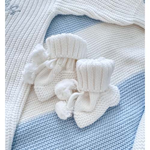 White soft knit pompom baby booties