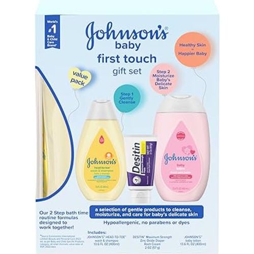 Johnson's First Touch Baby Gift Set, Baby Bath, Skin & Hair Essential Products, Kit for New Parents with Wash & Shampoo, Lotion, & Diaper Rash Cream, Hypoallergenic & Paraben-Free, 4 items