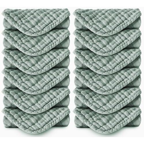Spotted Play Muslin Burp Cloths 100% Cotton Large 20''x10'' Extra Soft and Absorbent Baby Wash Cloths Spit Up Rags - Baby Burping Cloth for Boys Girls Items(12 Pack Green)