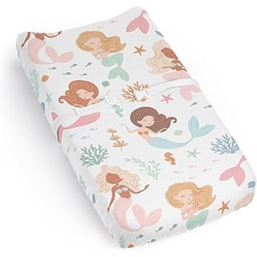 Sweet Jojo Designs Ocean Mermaids Girl Baby Changing Pad Cover Sheet for Infant Newborn Diaper Table Change Mat Cover Pink Teal Under The Sea Underwater Theme Fairytale Fish Colorful Coral Reef Blue