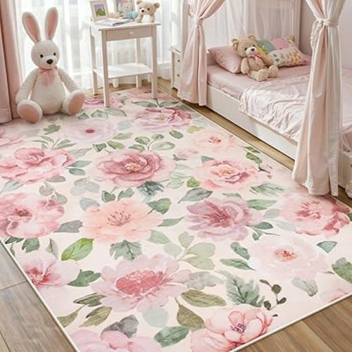 Lahome Floral Nursery Rug 5x7, Soft Boho Pink Rugs for Girls Bedroom