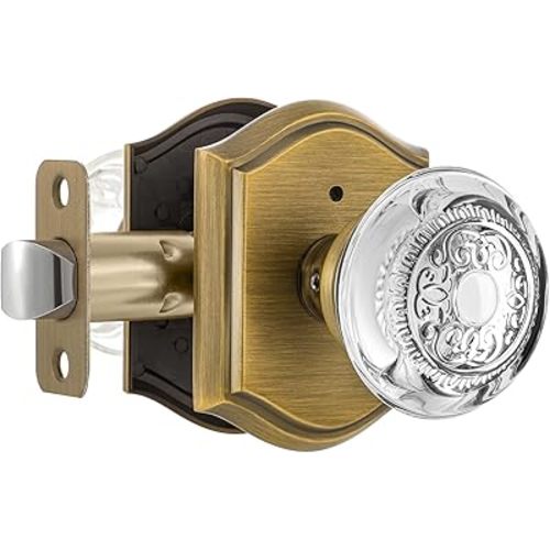 Glass Door Knobs Interior with Lock, Vintage Crystal Privacy Antique Brass Door Knobs for Bedroom Bathroom, 1 Pack