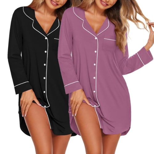 Ekouaer 2 Pack Nightgowns for Women Long Sleeve Night Shirt Button Down Sleep Shirt V-Neck Sleep Dress Pajama Sleepwear