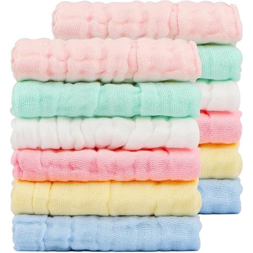 Orighty Muslin Baby Washcloths Pack of 12 - Soft Face Cloths for Newborn, Absorbent Baby Bath and Face Towels, 100% Cotton Babies Wipes, Burp Cloths, Feeding Towels for Babies and Infants - 10 x 10’’