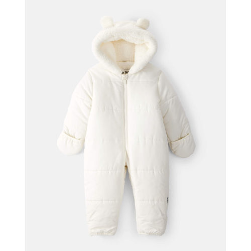1-Piece Bear Ears Hooded Pram Snowsuit - Cream - 12M