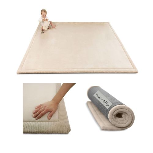 Premium Baby Play Mat 60”x 80” Beige – Cloud-Soft Coral Velvet Memory Foam Rug for Crawling & Play – Non-Slip, Water-Resistant, Care Tummy Time Mat – Non-Toxic Padded Playmat