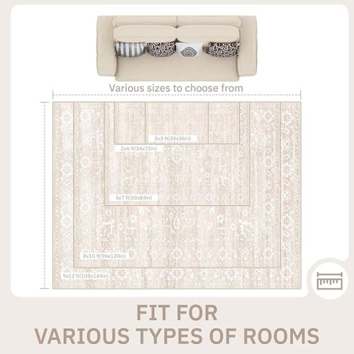6x9 Area Rugs for Living Room, Stain Resistant Neutral Washable Rugs for Dining Room, Floral Vintage Non-Slip Thin Area Rug Farmhouse Rug Beige