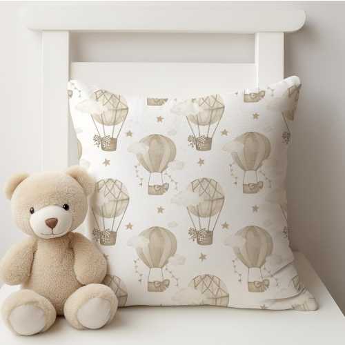 Multi Hot Air Balloons - Beige Pillow, kids square throw pillow decor, Children's Room Decor, Cotbed bedding, Hot air balloon bedding