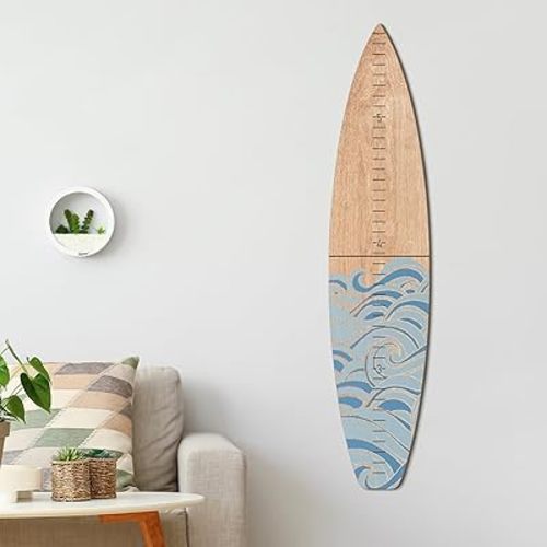 Wooden Surfboard Growth Chart Wall Mounted Kids Surfboard Growth Height Chart Ruler 9.5" Wide x 46'' Tall Hanging Wooden Growth Chart for Kids Nursery Bedrooms (Blue,Wave)