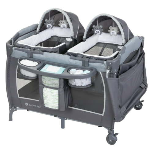 Baby Trend Lil Snooze Deluxe III Nursery Center Playard for Twins with Travel Bag – Cozy Grey, Unisex