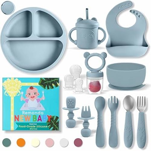 Baby Led Weaning Supplies,Silicone Baby Feeding Set, Baby Gifts,Suction Plate Bowl Set, Self Feeding Utensil Sets, Bib, Cup, Fruit Feeder, First Stage Eating Essentials, 6+ Months（Blue）