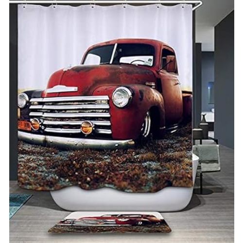 Old Red Truck Shower Curtain Retro Rustic Red Truck Cars Bathroom Decor (72?x72?)