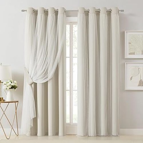 Bujasso Beige 80% Blackout Curtains with Sheer Overlay Mix and Match Double Layer Thermal Insulated Window Panels 84 inch for Living Room Bedroom Beige Drapes with Tiebacks Grommet Top 54" Wx84 Lx2