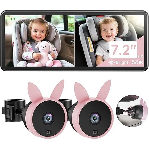 BV3 PRO Baby Car Camera for 2 Kids - 7.2" Large HD Display Dual Channel Baby Monitor, 1080P IR Night Vision Car Seat Camera, Easy Install Rear-Facing View – Ideal for Kids and Pet Safety
