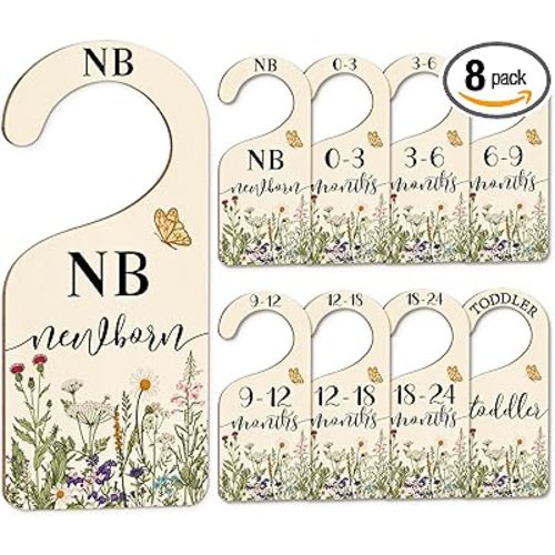 Whaline 8Pcs Wildflower Baby Closet Size Dividers Vintage Floral Leaves Hanging Wood Baby Closet Organizer Newborn to 24 Months Thicken Baby Wardrobe Organizer for Home Nursery