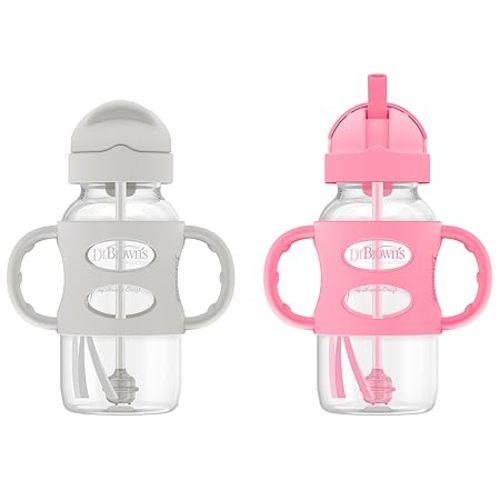 Dr. Brown's Milestones Wide-Neck Sippy Straw Bottle with 100% Silicone Handles and Weighted Straw, 9 oz/270 mL, Gray & Pink, 6m+, 2 Count (Pack of 1)