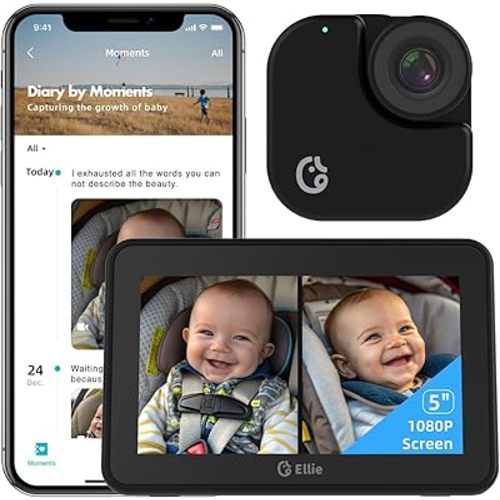 Ellie Baby Car Monitor, 2K UHD Backseat Camera with AI Face Tracking, Dual Screen Display for 2 Kids, Smart Video Capture & App Control, Offline Privacy Protection (Black)