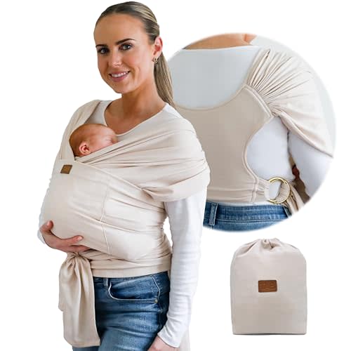 Stylish Beige & Gold Baby Carrier Wrap: Comfortable, Soft & Supportive, Adjustable Ring Sling for Mom & Dad, Ideal for Baby Registry, Newborn to Toddler, Baby Shower