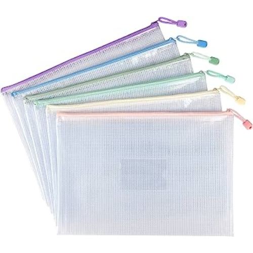 6 Pack Mesh Zipper Pouch with Label Pocket, Waterproof Zipper Bags, Document Bag Letter/A4, Durable Pouches for Organization Bag Board Game Storage