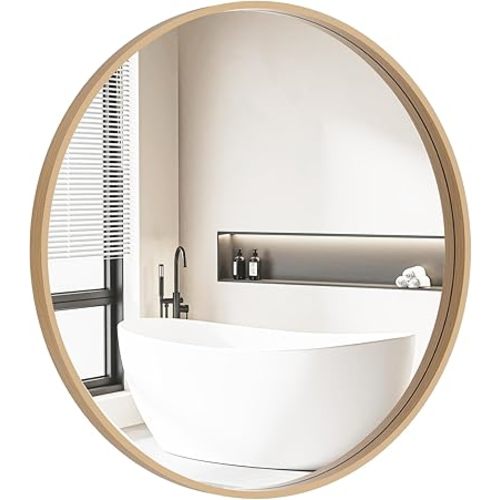 HOMECOOKIN Round Wood Mirror, 28" Round Bathroom Wall Mirror Circle Mirrors for Wall Decor, Vanity, Living Room, Bedroom, Entryway, Natural