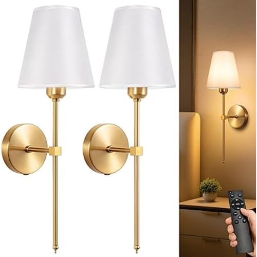 Battery Operated Wall Sconces Set of 2,LED Rechargeable Wall Lights Remote Controlled, Warm to Cool White Adjustable Brightness, Wireless Sconce with Linen Fabric for Bedroom Living Room Decor 6000mAh