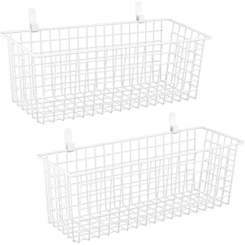 2 Sets Extra Large Hanging Wall Basket, White Metal Wire Baskets with Steel Hooks for Organizing, WallmountedFruit Vegetable Toy Snack Storage, Home Kitchen Bathroom Laundry Pantry Organizer