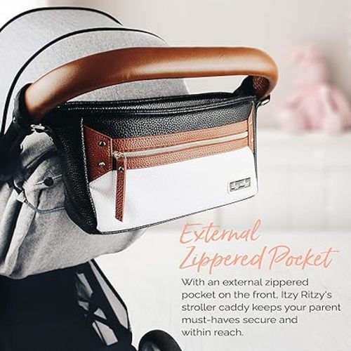 Itzy Ritzy Adjustable Stroller Caddy / Organizer - Stroller Organizer Bag Featuring Front Zippered Pocket, 2 Built-In Interior Pockets & Adjustable Straps to Fit Nearly Any Stroller (Coffee and Cream) - Coffee & Cream
