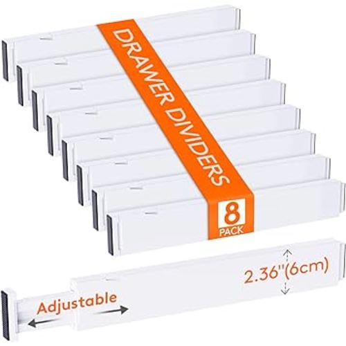 Lifewit 8 Pack 2.36" High Drawer Dividers 40-56cm/16-22 Adjustable Drawer Organizer for Clothes/Utensils, Expandable Drawer Separator in Dresser/Kitchen/Bedroom/Office Organization & Storage White