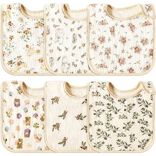 Zainpe 6Pcs Snap Muslin Cotton Baby Bibs Soft & Absorbent Burp Cloths for Newborns Drooling Feeding