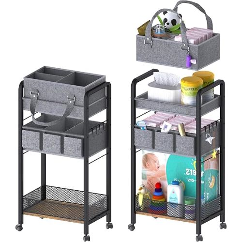 2IN1 Baby Diaper Caddy Organizer-3 Tier Rolling Storage Cart with Dividers-Detachable Diaper Caddy Cart for Baby Nursery Newborn Essentials-Mobile Utility Carts with Wheels for Changing Table