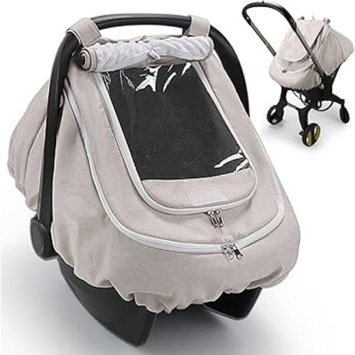 Waterproof Car Seat Cover for Baby, 2-Layer Car Seat Rain Cover with Clear Window & Sunshade & Mesh Cover, Universal Infant Carseat Canopy for Stroller, Protect from Rain and Snow - Beige