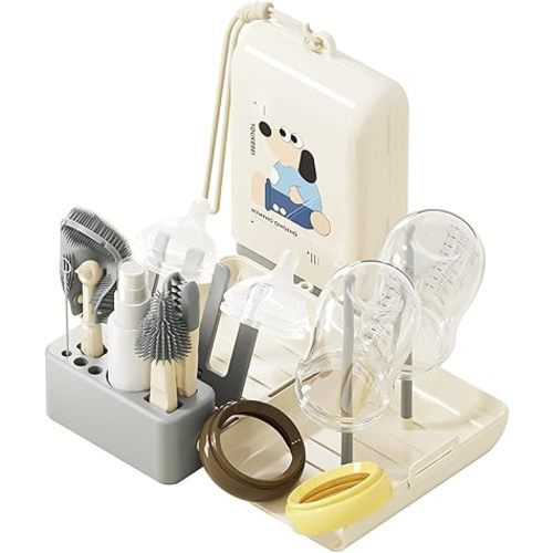 Bottle Brush Cleaner Set - 7 in 1 Baby Travel Essential Bottle Cleaner Kit with Silicone Bottle Brush, Nipple Brush, Straw Brush, Soap Dispenser, Drying Rack, Cup Lid Cleaning Brush, Storage Box