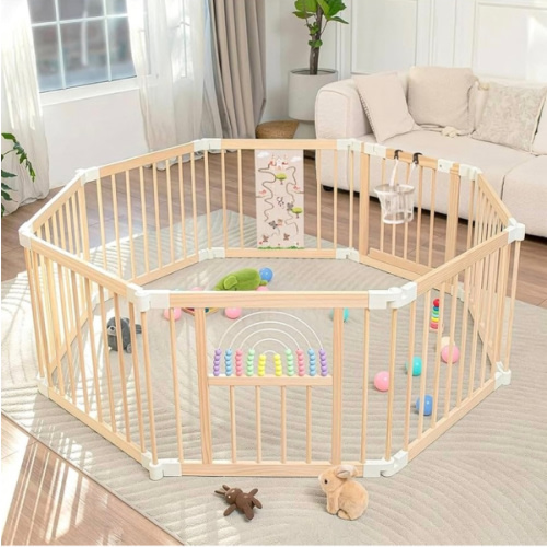 Foldable Wooden Baby Playpen Activity Center,Adjustable Size & Shape Portable Play Yard, Baby Fence Play Area with Gate for Indoor Use for Babies and Toddlers(56x56x24inches)