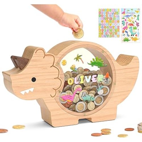 Summidate Wooden Dinosaur Piggy Bank,Cute Money Bank for Kids Boys Girls,Unbreakable Wood Coin Bank Money Saving Box, Personalized Present for Child Birthday & Decor (Triceratops, Standard)