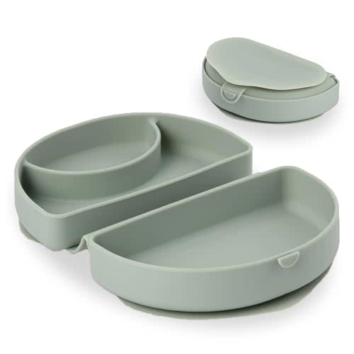 Miniware Silifold - Silicone Baby Plate - Compact & Foldable Baby Travel Essential to Promote Self-Feeding - Food Grade Silicone Baby Plates & Toddler Plates - BPA Free Baby Essentials (Sage)