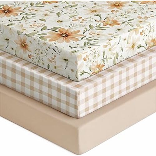 Baby Crib Sheets for Boys Girls, Fitted Crib Sheet Neutral 3 Pack for Standard Crib and Toddler Mattress, Breathable Soft Microfiber Baby Sheet 28x52x8in Orange Flowers & Plaid