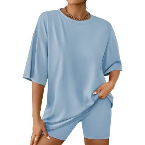 AUTOMET Womens 2 Piece Sets Summer Outfits 2025 Two Piece Lounge Set Matching Clothing Oversized Tshirts Biker Short Fashion