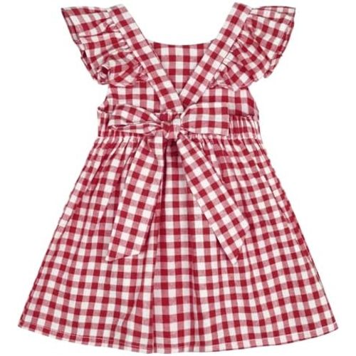 AGQT Baby Girls Plaid Dress Flutter Sleeve Gingham Spring Summer Dresses Size 6M-8T