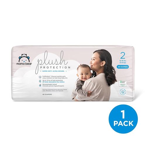 Amazon Brand - Mama Bear Plush Protection Diapers - Size 2, 46 Count, Hypoallergenic Premium Disposable Baby Diapers, White and Cloud Dreams